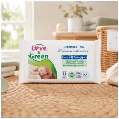 Love & Green Lingettes à L'eau en Fibres 100% Naturelles et Biodégradables X 56