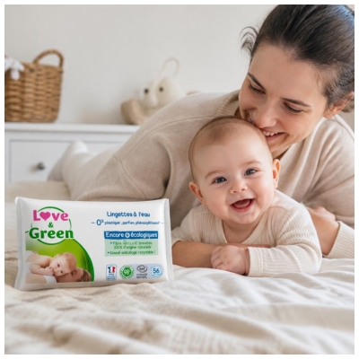 Love & Green Lingettes à L'eau en Fibres 100% Naturelles et Biodégradables X 56
