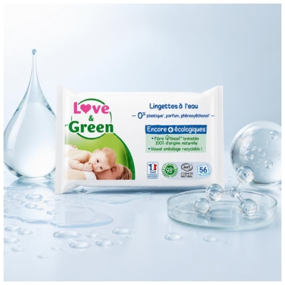 Love & Green Lingettes à L'eau en Fibres 100% Naturelles et Biodégradables X 56