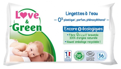 Love & Green Lingettes à L'eau en Fibres 100% Naturelles et Biodégradables X 56