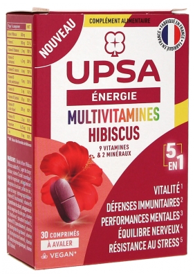 UPSA Multivitamines Hibiscus 5 en 1 - 9 Vitamines & 2 Minéraux - 30 Comprimés