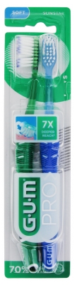 Gum Brosse à Dents Pro Souple Compacte - Lot de 2 - Couleur : Vert Foncé - Bleu
