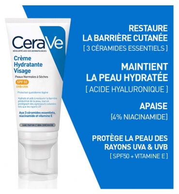 Cerave Crème Hydratante Visage SPF50 Peaux Normales à Sèches 52 ml
