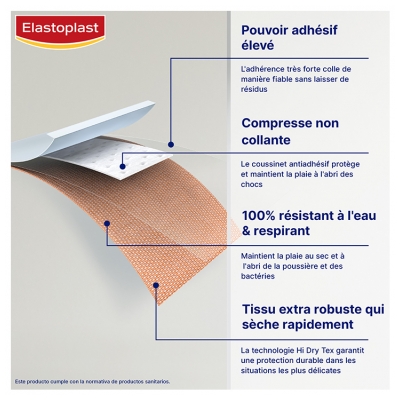 Elastoplast Pansements Extra Résistant Waterproof 8 Bandes de 10 cm X 6 cm