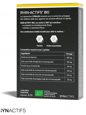 Synactifs Rhinactifs® Bio - Respiration - Thym Huiles Essentielles Ravintsara et Eucalyptus Acérola Vitamine C - 10 Gélules