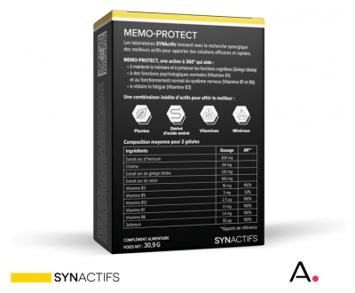 Synactifs Memoprotect® - Mémoire et Vivacité - Ginkgo Biloba Raisin Vitamine B1 Vitamines B et Synactifsélénium - 60 Gélules