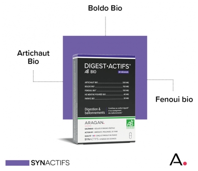 Synactifs Digestactifs® Bio - Digestion - Confort Digestif - Extraits de Fenouil Artichaut et Boldo Bio - 30 Gélules