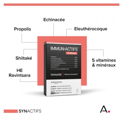 Synactifs Immunactifs® - Défense Immunitaire - Échinacea Vitamine C Propolis et Ravintsara - 30 Gélules