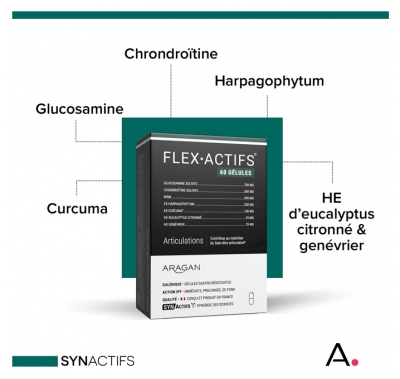 Aragan Flexactifs® - Bien-Être Articulaire - Glucosamine Harpagophytum Curcuma Eucalyptus et Zinc - 60 Gélules