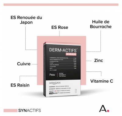 Synactifs Dermactifs® - Anti-Âge Antioxydant Teint - Huile de Bourrache Rose Zinc Renouée du Japon - 30 Gélules