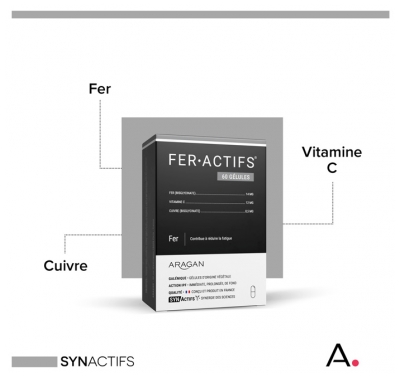 Synactifs Feractifs® - Anti-Fatigue Tonus et Vitalité - Fer Bisglycinate Cuivre et Vitamine C - 60 Gélules