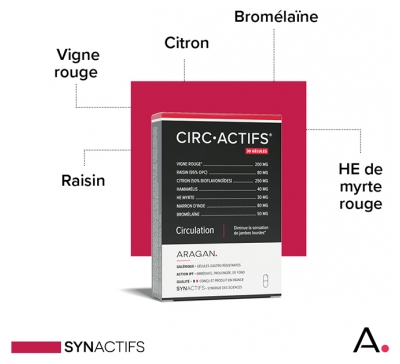 Synactifs Circactifs® - Circulation Jambes Lourdes - Vigne Rouge Raisin Citron Sélénium Huile Essentielle - 30 Gélules