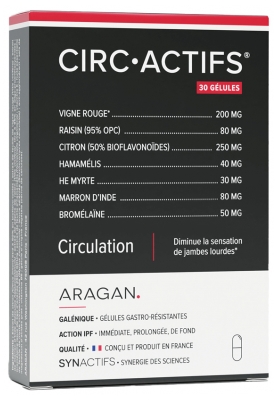 Synactifs Circactifs® - Circulation Jambes Lourdes - Vigne Rouge Raisin Citron Sélénium Huile Essentielle - 30 Gélules