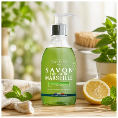 BeauTerra Savon de Marseille Liquide Parfum Menthe-Citron 300 ml