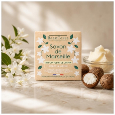 BeauTerra Savon de Marseille Pain Parfum Fleur de Jasmin 100 g