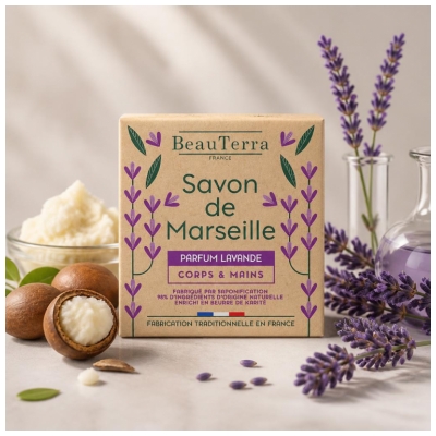 BeauTerra Savon de Marseille Pain Parfum Lavande 100 g