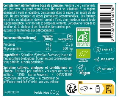 Nutri&Co Spiruline Bio 100% Française Cultivée en Provence Vegan 120 Comprimés