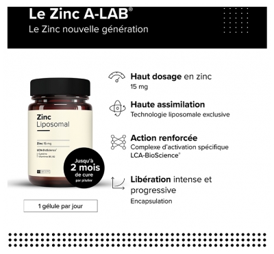 A-Lab Zinc Liposomal 15 mg Immunité Peau Cheveux Vision Acné Assimilation Renforcée 60 Gélules