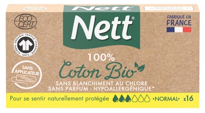 Nett Coton Bio Normal Sans Applicateur Flux Moyens à Abondants 16 Tampons