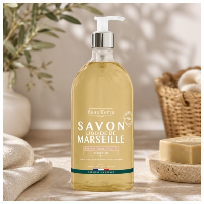 BeauTerra Savon de Marseille Liquide Parfum Fleur de Coton 1 L
