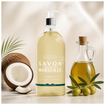 BeauTerra Savon de Marseille Liquide Parfum Fleur de Coton 1 L