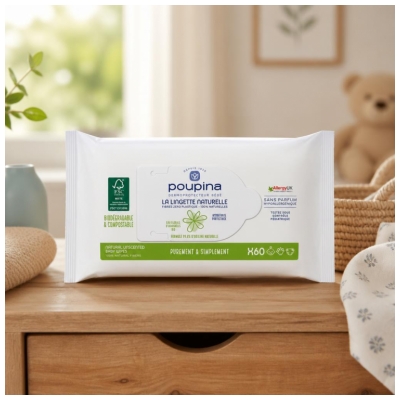 Poupina Les Lingettes Bébé Naturelles X60 - Sans Parfum Hypoallergéniques - Hydratantes et Protectrices - Fibre 0 Plastique et 100% Naturelle - Vegan - 99,6% d'Ingrédients d'Origine Naturelle