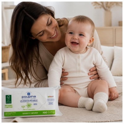 Poupina Les Lingettes Bébé Naturelles X60 - Sans Parfum Hypoallergéniques - Hydratantes et Protectrices - Fibre 0 Plastique et 100% Naturelle - Vegan - 99,6% d'Ingrédients d'Origine Naturelle