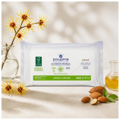 Poupina Les Lingettes Bébé Naturelles X60 - Sans Parfum Hypoallergéniques - Hydratantes et Protectrices - Fibre 0 Plastique et 100% Naturelle - Vegan - 99,6% d'Ingrédients d'Origine Naturelle
