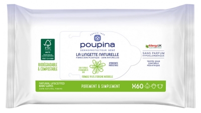Poupina Les Lingettes Bébé Naturelles X60 - Sans Parfum Hypoallergéniques - Hydratantes et Protectrices - Fibre 0 Plastique et 100% Naturelle - Vegan - 99,6% d'Ingrédients d'Origine Naturelle