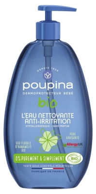 Poupina L'eau Nettoyante Bébé Anti-Irritation Certifiée Bio - Sans Parfum - Hypoallergénique - Hamamélis et Aloe Vera - 99% d'Ingrédients d'Origine Naturelle - Vegan - Made in France - 485 ml