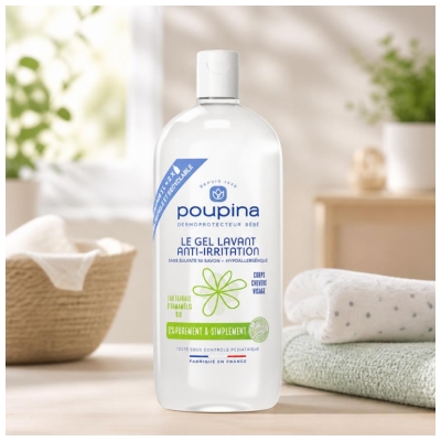 Poupina le Gel Lavant Bébé Anti-Irritation - Sans Sulfate ni Savon - Hypoallergénique - Hamamélis - Corps Cheveux Visage - 97% d'Ingrédients d'Origine Naturelle - Vegan - Made in France - 1 l