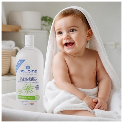Poupina le Gel Lavant Bébé Anti-Irritation - Sans Sulfate ni Savon - Hypoallergénique - Hamamélis - Corps Cheveux Visage - 97% d'Ingrédients d'Origine Naturelle - Vegan - Made in France - 1 l