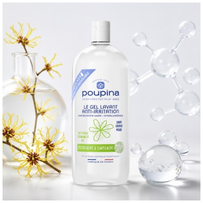 Poupina le Gel Lavant Bébé Anti-Irritation - Sans Sulfate ni Savon - Hypoallergénique - Hamamélis - Corps Cheveux Visage - 97% d'Ingrédients d'Origine Naturelle - Vegan - Made in France - 1 l