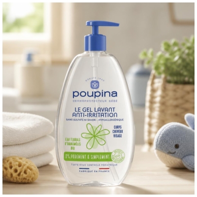 Poupina le Gel Lavant Bébé Anti-Irritation - Sans Sulfate ni Savon - Hypoallergénique - Hamamélis - Corps Cheveux Visage - 97% d'Ingrédients d'Origine Naturelle - Vegan - Made in France - 485 ml