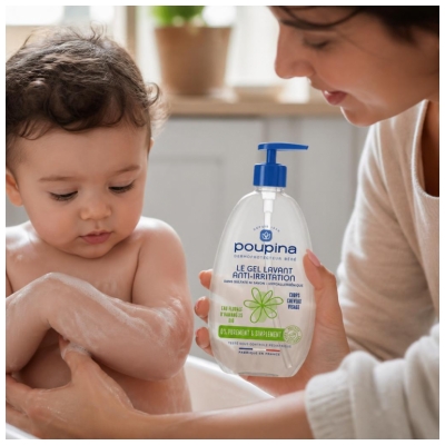 Poupina le Gel Lavant Bébé Anti-Irritation - Sans Sulfate ni Savon - Hypoallergénique - Hamamélis - Corps Cheveux Visage - 97% d'Ingrédients d'Origine Naturelle - Vegan - Made in France - 485 ml