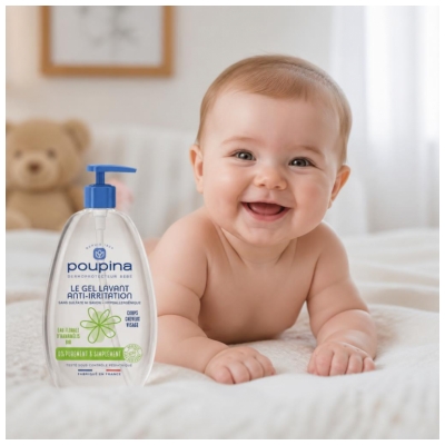 Poupina le Gel Lavant Bébé Anti-Irritation - Sans Sulfate ni Savon - Hypoallergénique - Hamamélis - Corps Cheveux Visage - 97% d'Ingrédients d'Origine Naturelle - Vegan - Made in France - 485 ml