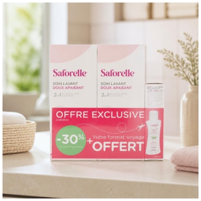 Saforelle Soin Lavant Doux Apaisant Lot de 2 x 500 ml + Format Voyage 100 ml Offert