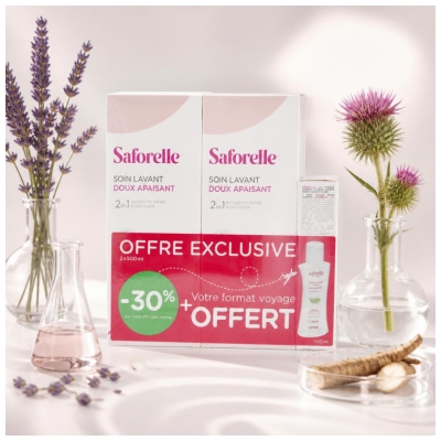 Saforelle Soin Lavant Doux Apaisant Lot de 2 x 500 ml + Format Voyage 100 ml Offert