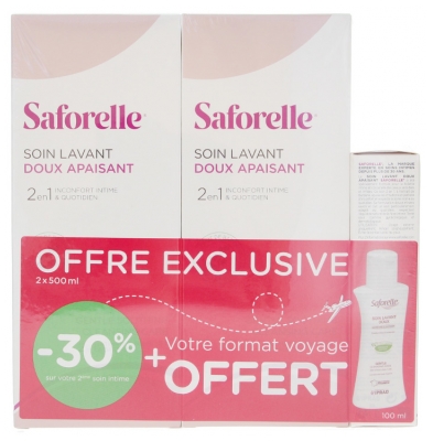 Saforelle Soin Lavant Doux Apaisant Lot de 2 x 500 ml + Format Voyage 100 ml Offert