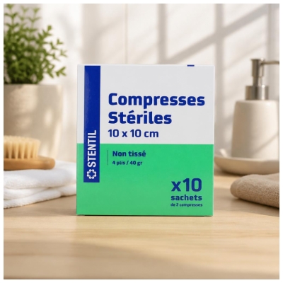 Stentil Compresses Stériles Non Tissées 10 Sachets de 2 Compresses de 10 x 10 cm