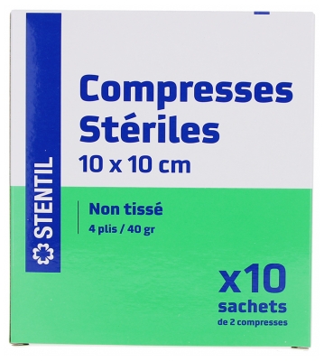 Stentil Compresses Stériles Non Tissées 10 Sachets de 2 Compresses de 10 x 10 cm