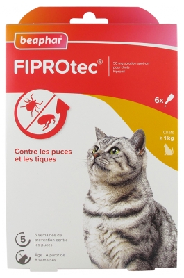 Beaphar Fiprotec 50 mg Solution Spot-On Pour Chats (> 1 Kg) au Fipronil
Puces et Tiques - 6 Pipettes X 0,5 ml
