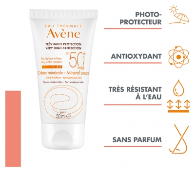 Avène Eau Thermale Solaire Crème Minérale Peaux Intolérantes SPF50+ 50 ml