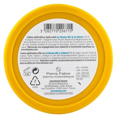 Klorane Solaire - Crème Sublimatrice Après-Soleil Au Tamanu Bio et Monoï - Visage et Corps 200 ml