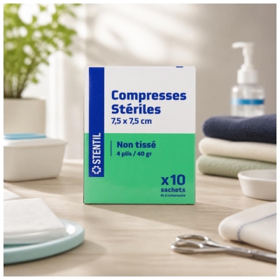Stentil Compresses Stériles Non Tissées 10 Sachets de 2 Compresses de 7,5 x 7,5 cm