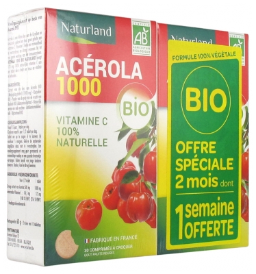 Naturland Acerola Bio Lot2 60 Comprimés à Croquer Dont 1 Semaine Offerte