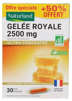 Naturland Gelée Royale 2500 mg Ultra Concentré Bio 20 Ampoules + 10 Ampoules Offertes