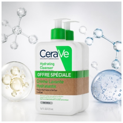 CeraVe Crème Lavante Hydratante Peaux Sèches à Très Sèches Lot de 2 x 473 ml 