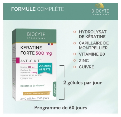 Biocyte Pack Kératine Forte 500 mg Anti Chute Résistance du Cheveu 120 Gélules