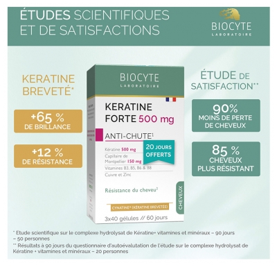 Biocyte Pack Kératine Forte 500 mg Anti Chute Résistance du Cheveu 120 Gélules